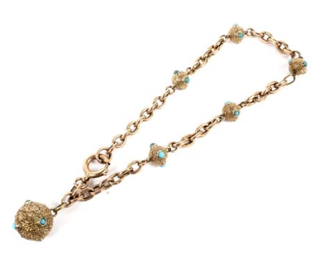 A late Victorian rose gold and turquoise bracelet. In the form of an oval-belcher chain with five textured spherical beads at