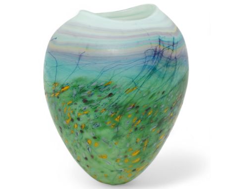 Peter Layton (British 1937-): Art glass vase of oval tapering form decorated with meadow flowers, etched signature H16cm