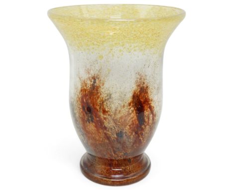Large 1930s WMF Ikora glass vase designed by Karl Weidmann, of tulip form in shades of brown and yellow, unmarked, H29.5cm 