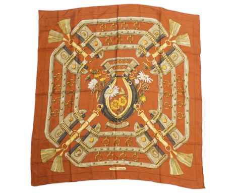 Hermes 'Aux Champs' silk scarf, in ochre and gold colourway, designed by Cathy Latham, 84cm x 86cm 