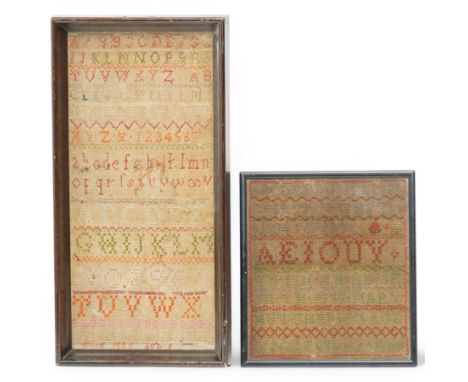George IV alphabet sampler by Elizabeth P- aged 9, dated 1826, and another by Mary Hutchinson aged 12, dated 1839, larger 47c