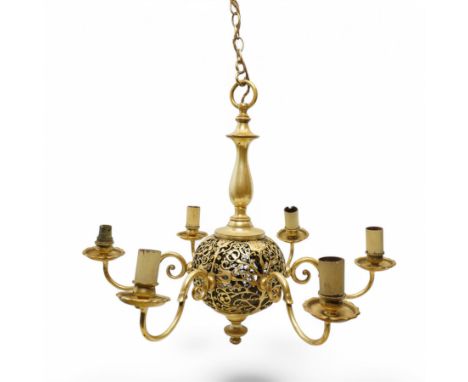 Art Nouveau pierced globe and six branch chandelier, each scrolled branch holding a single candle-style bulb holder and fitte