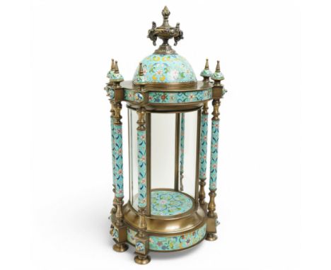20th century Chinese cloisonne style portico display stand with urn mounted domed top and glass side panels H65cm