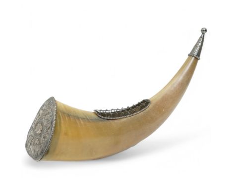 Horn flower holder with white metal mounts and Malaysian coat of arms L36cm