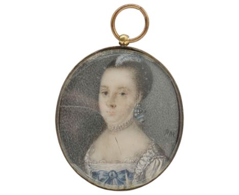English School (19th Century): Portrait of a Lady with a Blue Feather, miniature watercolour on ivory indistinctly signed, 3.