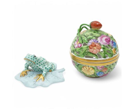 Herend porcelain model of a frog on a leaf, together with pierced potpourri with cover in floral design, each with marks to b