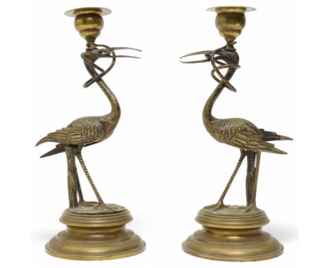 Pair of Chinese bronze candlesticks modelled as Stalks, H23cm (2)