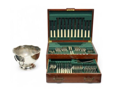 James Dixon and Sons canteen of plated table cutlery for eight covers, including bone handle knives etc, in oak cutlery box w
