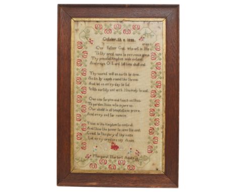 Victorian sampler by Margaret Harbert aged 9, dated 1848, worked with Lords Prayer verse within flowering vine border, framed