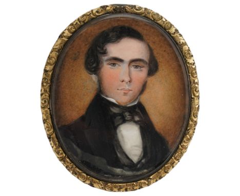 English School (Early 20th Century): Portrait of a Gentleman in a Tuxedo with Black Tie, miniature watercolour on ivory unsig