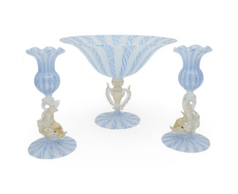Venetian Murano blue and white glass latticino zanfirico closely matched trio, the flanking vases with stems formed as dolphi
