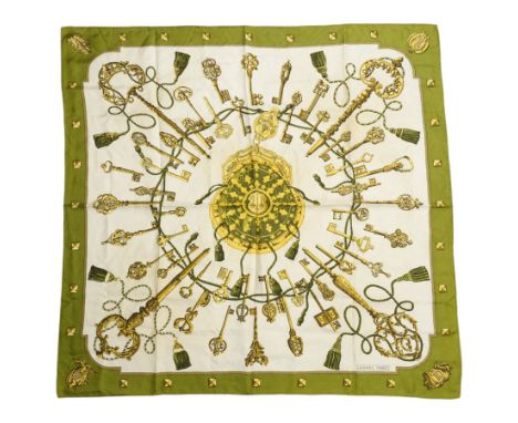 Hermes 'Les Clefs' silk scarf in green and gold colourway, designed by Cathy Latham, 86cm x 90cm Condition Report:A few threa
