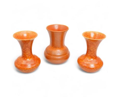Collection of Pilkington Royal Lancastrian mottled orange vases, impressed marks to base, largest H17cm (3)