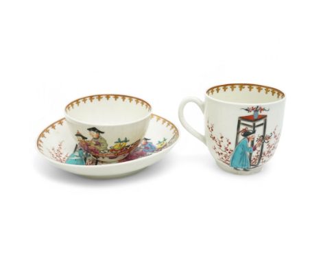 18th century Worcester trio, comprising coffee cup, small bowl and saucer, decorated with a Chinese scene of a flower seller 