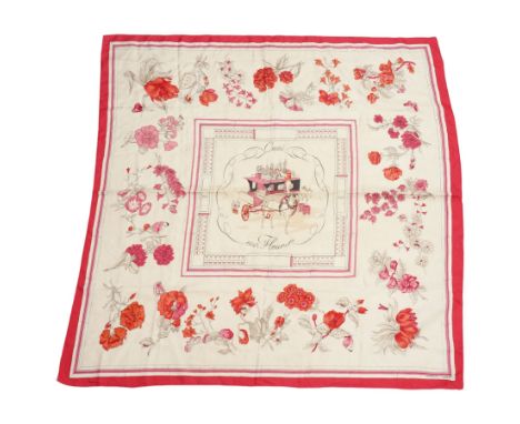 Hermes 'Quai aux Fleurs' silk scarf, in pink and cream colourway, designed by Hugo Grygker, 86cm x 89cm