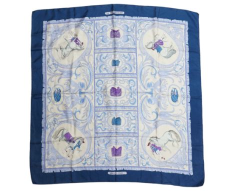 Hermes 'La Presentation' silk scarf in teal and cream colourway, designed by Christiane Vauzelles, 88cm x 86cm 