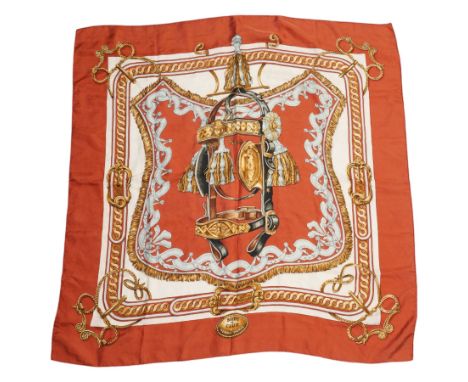 Hermes 'Brides de Cour' silk scarf, in red and gold colourway, designed by Francoise De La Perriere, 88cm x 86cm
