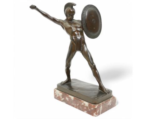 Bronze sculpture of a Spartan warrior holding a shield on marble plinth H24cm