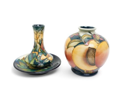 Moorcroft Peaches pattern globular vase from the Mediterranean series H11cm, Ingleswood saucer dish designed by Philip Gibson