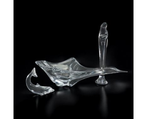 Daum-20th century clear glass sculpture of Madonna and Child H29cm, Daum glass dish in the form of a bird in flight L47cm and