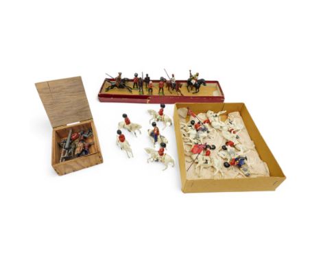Set of fourteen Johillco lead cavalry on white horses, some with pennants, Britains overseas and colonial foot soldiers and c