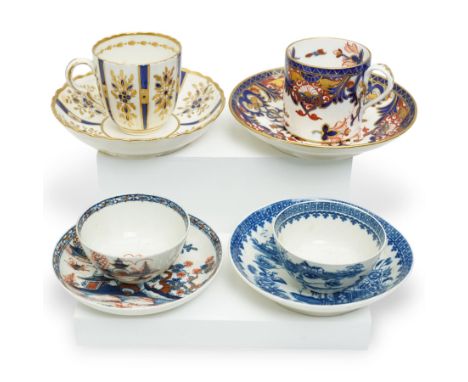 18th century Caughley tea cup and saucer of fluted design decorated in blue and gilt, blue 'S' mark, Bloor Derby coffee can a
