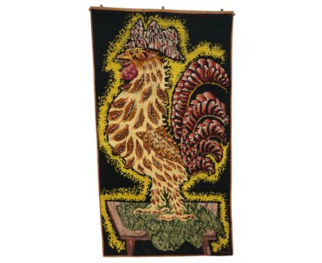 Large mid-20th century hand-knitted and hand-dyed wall hanging tapestry, depicting a Cockrel, 160cm x 89cm