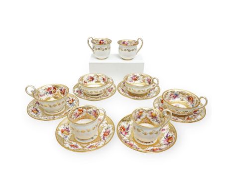 Coalport tea and coffee cups, pattern no. 830, decorated with sprays of flowers within gilt borders, comprising three teacups