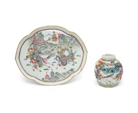 Chinese famille rose octagonal ginger jar, decorated with two warriors on horseback in a Chinese landscape, six character mar