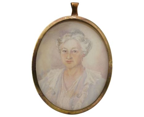 English School (Early 20th Century): Portrait of an Elderly Lady in a Blue Dress with Lace, miniature watercolour on ivory un