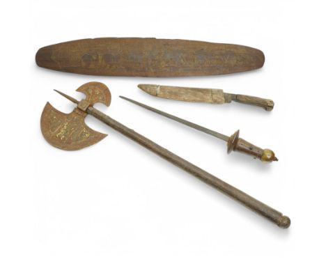 Eastern Ottoman axe with decorated double blade and wooden haft L72cm, dagger with rounded pommell, 19th century sheath knife
