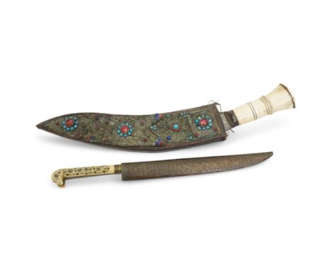 Nepalese kukri with engraved blade, bone hilt and jewelled scabbard and an Eastern dagger with decorated bone hilt (2)