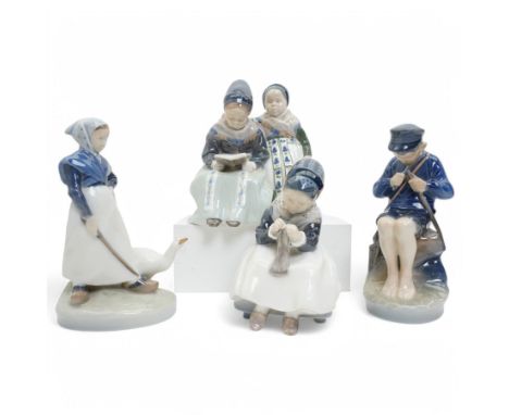 Four Royal Copenhagen figures, including Amager Girl Sewing no. 1314, Boy Whittling no. 905, Girl with Goose no. 528, and Ama