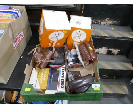 Box of vintage cameras and equipment, Voigtlander, Kiev  etc
