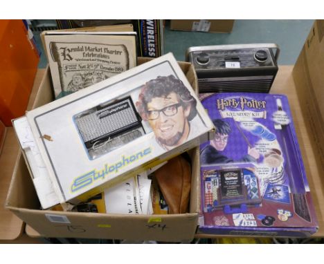 Rolf Harris boxed stylophone, Hacker radio, Hasselblad catalogues and household items