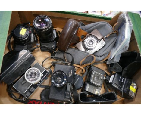 Box of vintage cameras and equipment, Pentax P30, Pentax Programme A, Canomatic M70, Yashica MG1 and Zeiss Voigtlander etc