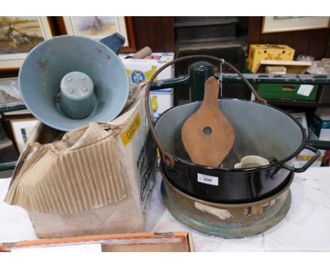 Enamelled jam pan, brass laboratory test sieve, Tannoy Fully Transistorised Megaphone