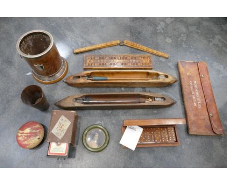Jaques London cribbage board, dominoes, weaving shuttles and other woodenware