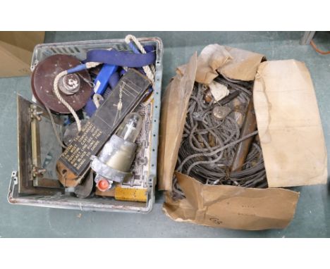 Two boxes of vintage winches, porthole, rope, cabling etc