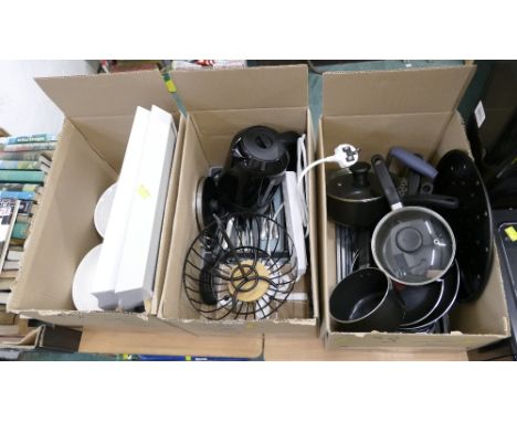 Three boxes of kitchenware, cutlery, Tefal pans, cookware etc