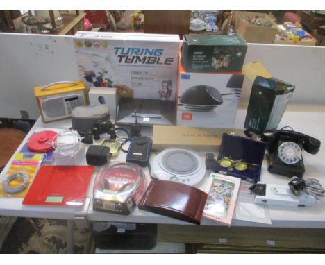 A mixed lot of electricals and other items to include a boxed Turing Tumble, JBL powered satellite speakers and subwoofer, ca