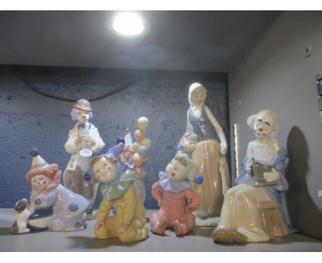 A group of three Lladro and three Nao porcelain clown figurines, and a Nao figurine of a goose girl 