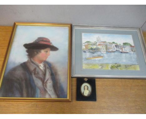 Two pictures to include a pastel depicting a lady with a hat, together with a miniature portrait 