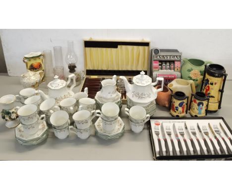 A mixed lot to include a stainless steel Sheffield canteen of cutlery, mixed ceramics A/F, glassware to include a lamp and ot