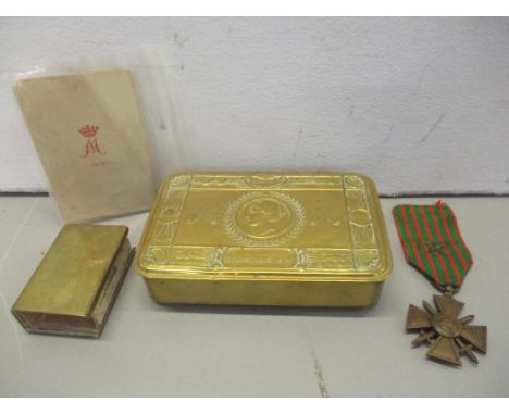 A WWI Christmas tin, a trench art match box holder inscribed Arras 1917 to one side and a medalLocation: 