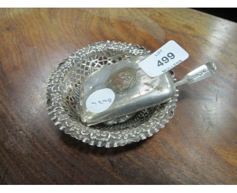 A COLLECTION OF SILVER to include a cigarette case, a pierced bon bon dish and silver shovel