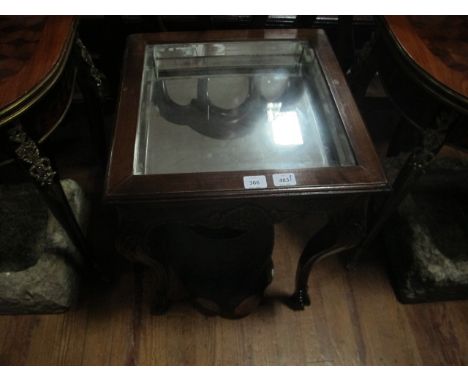 A MAHOGANY CURIO TABLE the square hinged top with mirrored interior above a shell carved frieze on cabriole legs 71cm (h) x 5