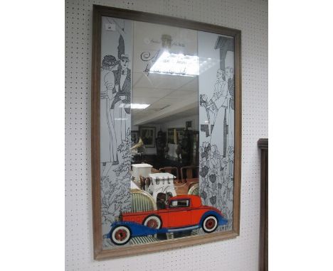 A FRAMED MIRROR inscribed "A Man is Known by His Automobile Cadillac" 90cm x 59cm