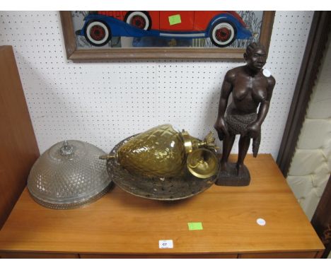 A MISCELLANEOUS COLLECTION to include a carved wood figure, a cut glass centre light, brass bowl etc