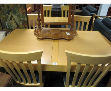 A FIVE PIECE SATIN BIRCH BREAKFAST SUITE comprising four dining chairs together with a table of rectangular form on square ta